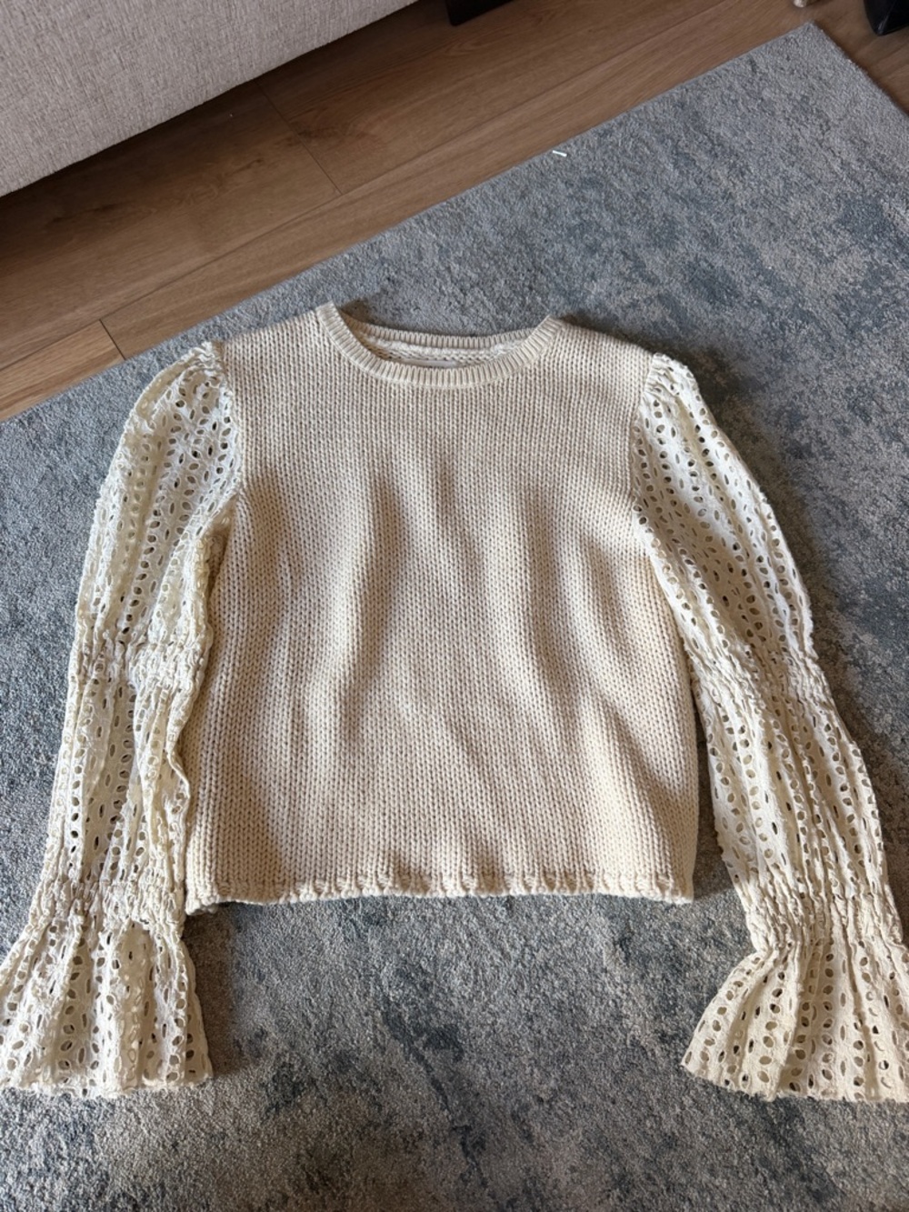 Chan Luu Cream Eyelet Sleeve Knit Sweater